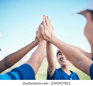 Sports hands, high five celebration and baseball team building for motivation, match winner or competition support. Player achievement, success and group of people congratulations, goals and teamwork - Powered by Shutterstock