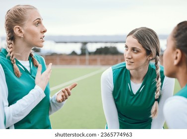 Sports, hockey team and strategy of women outdoor at field together for competition training. Fitness, group of girls and discussion for game planning, collaboration for workout and exercise at park - Powered by Shutterstock