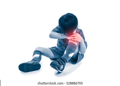 Sports Injury. Full Body Of Asian Soccer Player Painful. Child Crying And Touching His Knee, Isolated On White Background. Photo With Color Increase Blue Skin And Red Spot Indicating Location Of Pain.