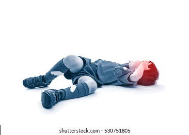 Sports Injury. Full Body Of Asian Soccer Player Painful. Child Touching His Forehead, On White Background. Photo With Color Increase Blue Skin And Red Spot Indicating Location Of Pain. Studio Shot.