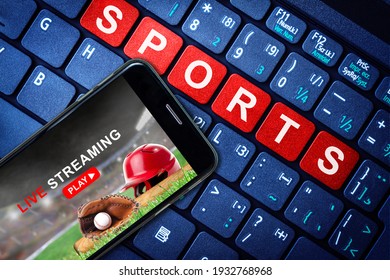 Sports Live Streaming Concept Showing Baseball Game Broadcast On Smartphone With Laptop High Tech Background. Accessible On Demand Digital Content Is The Future Of Sports Broadcasting.