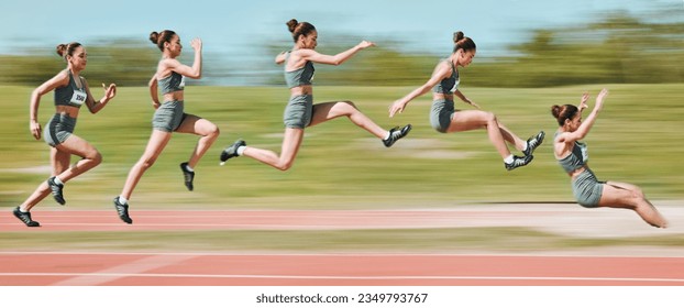 Sports, long jump and sequence of woman on race track in stadium for exercise, training and workout. Fitness, fast and female athlete in action with motion blur for challenge, competition and jumping - Powered by Shutterstock