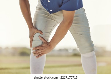 Sports Man, Knee Injury And Athlete With Leg Muscle Strain On Baseball Field Ground Of Pitch At Athletic Training Ball Game. Exercise Accident, Joint Pain And Outdoor Fitness Workout In Dallas Texas