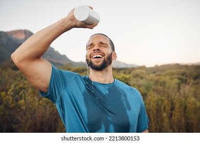 Sports Man Splash Water Bottle On Face In Nature Hiking, Running Or Outdoor Exercise In Spain Mountain Adventure. Runner Spray Drinking Water On Head For Cardio Training, Cool Body Sweat And Wellness