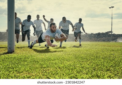 Sports, men rugby team on green field and playing with a ball. Teammates with fitness or activity outdoors, collaboration or teamwork and happy or excited people celebrate a player score a try - Powered by Shutterstock