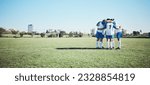 Sports, mockup and a team of soccer players in a huddle on a field for motivation before a game. Football, fitness and training with man friends getting ready for competition on a pitch together