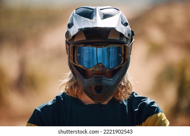 Sports, Motorcross And Portrait Of Man With Helmet For Dirt Racing, Mountain Biking And Training. Adventure, Cycling And Headshot Of Biker On Dirt Road With Neon Visor Safety Gear, Ready For Action