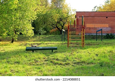 Sports Multi-colored Metal Swedish Wall Is Located In The Middle Of The Green Lawn. To The Left Of That Is A Green Wooden Bench. In The Background Are Trees And An Old Brick Building. Sunny Summer Day