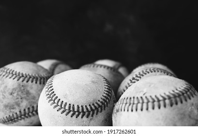 Sports Nostalgia With Group Of Old Baseball Balls In Black And White, Isolated On Background.