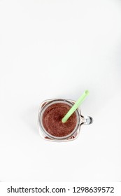 Sports Nutrition With Chocolate Protein Shake, Top View. Copy Space