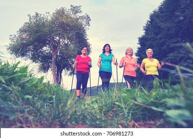 Sports Outside In Nature, Elderly Woman Nordic Walking Group                              