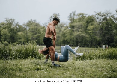 Sports partners performing flips in a park while assisting each other during an outdoor workout on a grassy field. - Powered by Shutterstock