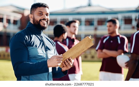 Sports, portrait or happy man with a strategy, planning or training progress for a game field formation. Leadership, mission or manager coaching men or rugby group for fitness idea or team goals - Powered by Shutterstock