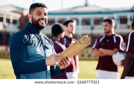 Sports, portrait or happy man with a strategy, planning or training progress for a game field formation. Leadership, mission or manager coaching men or rugby group for fitness idea or team goals