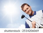 Sports, portrait and man in golf course for playing, training and practice for tournament game. Country club, male person or golfer with kit for championship match, coordination and smile by blue sky