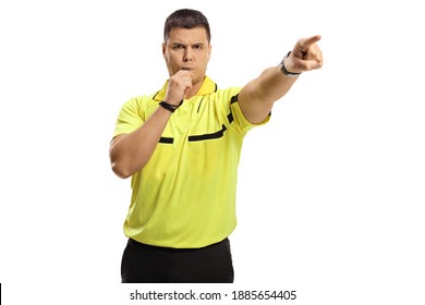 Sports Referee Blowing A Whistle And Pointing With Finger Isolated On White Background