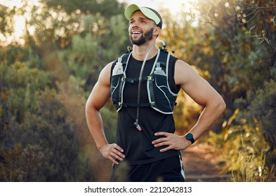 Sports Rest, Running And Forest Fitness Man Body Wellness, Training Motivation And Exercise In Australia Nature Outdoors. Happy, Workout And Healthy Hiking Athlete, Trail Runner And Breathing Break