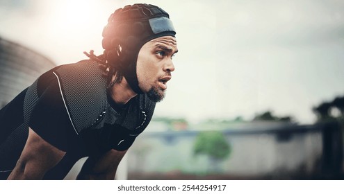 Sports, rugby and man on field rest for training, exercise and practice for game or match in morning. Fatigue, breathing and athlete with intense workout for challenge, performance and fitness - Powered by Shutterstock