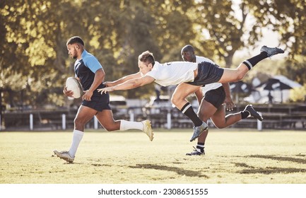 Sports, rugby and men in action on field for match, practice and game in tournament or competition. Fitness, teamwork and strong players tackle for exercise, training and performance to win ball - Powered by Shutterstock