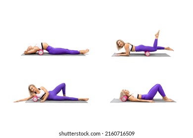 Sports set of exercises with a pink foam roller. Attractive athletic caucasian woman practice myofascial training using props, 4 exercises collage, isolated on white. Self-massage, workout, pilates - Shutterstock ID 2160716509