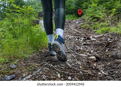 Sports Shoes On A Trail Walking In The Mountains, Outdoor Activity. Mountain Progression Path.