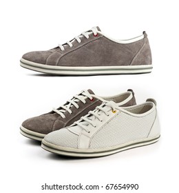 Sports Shoes: White And Brown Shoes (at The Bottom) And The Same Brown Shoe, Side View (at The Top)