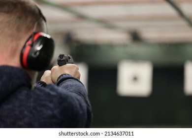 Sports Shooting Range With Targets Prepared For Shooting Sports Weapons During Competitions With A Pistol.