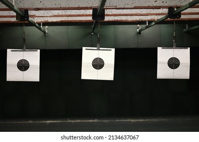 Sports shooting range with targets prepared for shooting sports weapons during competitions with a pistol.