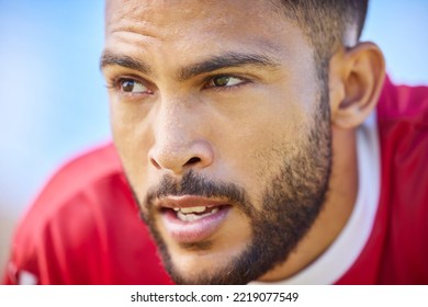 Sports, soccer and focus, portrait of man on mission to win a professional game. Fitness, football and motivation, face of young soccer player from Brazil with winner mindset during exercise training - Powered by Shutterstock