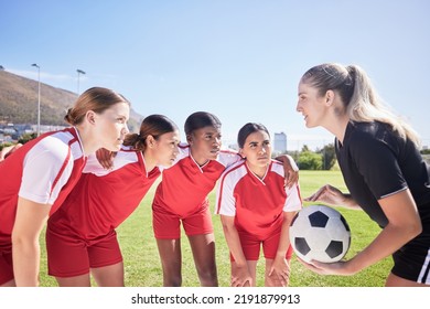 Sports, soccer players and football coach giving women motivation to score goals in the stadium. Collaboration, fitness and healthy girls in a huddle ready to use teamwork on a grass field in summer - Powered by Shutterstock