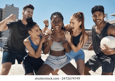 Sports soccer, winner celebration or team excited over game, competition or tournament victory. Crazy high energy, fitness training or diversity teamwork motivation, success or football athlete cheer - Powered by Shutterstock