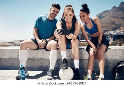 Sports, social media and friends with phone and relax after football training, fitness and workout. Summer, internet and technology with athlete and soccer ball for exercise, health and wellness - Powered by Shutterstock