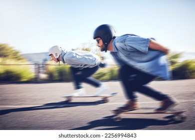 Sports, speed and blur, longboard race in road with men racing downhill on skateboard with helmet safety. Extreme sport adventure, friends skateboarding in street and skateboarder on mountain pass. - Powered by Shutterstock