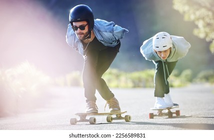 Sports, speed and safety, longboard skating in road, friends racing downhill with skateboard and helmet. Extreme sport adventure, skateboarding street race and skateboarder riding on mountain pass.