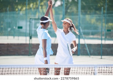 Sports, success and high five by tennis, friends and players at court for training, exercise and practice outdoor. Women, hands and connect in celebration, support and motivation during workout match - Powered by Shutterstock