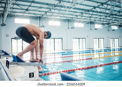 Sports, swimming and man on podium by pool for training, exercise and workout for competition at gym. Fitness, wellness and professional male swimmer ready for dive, jump and race on diving board - Powered by Shutterstock