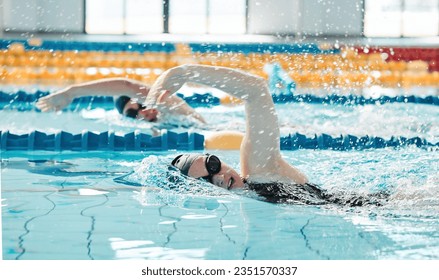 Sports, swimming pool and team of athletes training for a race, competition or tournament. Fitness, workout and female swimmers practicing a cardio water skill for exercise, speed or endurance in gym - Shutterstock ID 2351570337