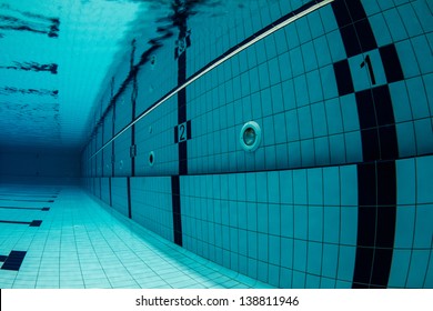 Sports Swimming Pool Underwater. Lanes Underwater, Starting With Number One. / Swimming Pool Underwater