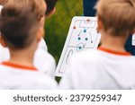 Sports Tactics Stratego Board. School Coach Explaining Game Tactics to Children Team. Boys Listening to Coach Pre-Match Briefing 