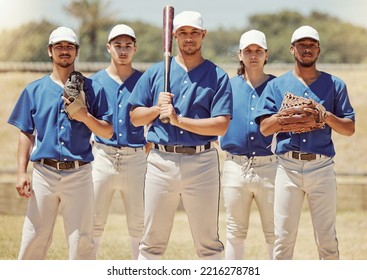 Sports, team and baseball portrait by sport people standing in power, support and fitness training on baseball field. Softball, diversity and inclusive team sport by united group ready for challenge - Powered by Shutterstock