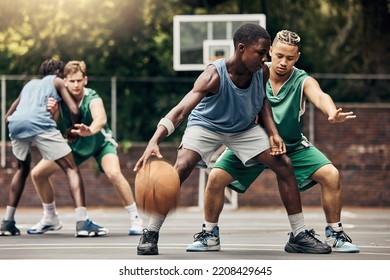 Sports, team and men playing basketball in a competition for college or university players with talent, skill and fitness. People in a competitive training match on an outdoor court using teamwork - Powered by Shutterstock