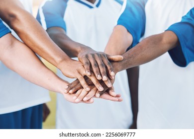 Sports, teamwork and stack of hands for soccer for support, motivation and community on field. Collaboration, team building and group of players ready for game success, training and match celebration - Shutterstock ID 2256069777
