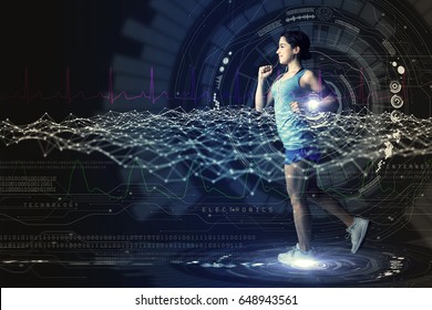 Sports Technology Concept. Running Woman And Various Technological Abstract Graphics. Sport Science.