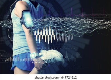 Sports Technology Concept. Stretching Woman And Various Technological Abstract Graphics. Sport Science.