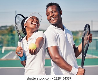 Sports, tennis and black couple with tennis ball on court ready for game, match and training outdoors. Dating, quality time and happy man and woman with racket for fitness, exercise and workout - Powered by Shutterstock