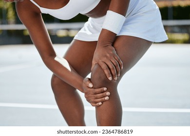 Sports, tennis court and woman with legs injury, medical crisis or first aid emergency, cardio crisis or knee joint pain. Tired player, athlete or bad workout accident from anatomy training challenge - Shutterstock ID 2364786819