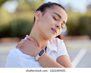 Sports, tennis and massage with woman and neck pain on court with muscle problem, injury or accident. Fitness, training and wellness with girl tennis player stretching sore, inflammation or body ache - Powered by Shutterstock