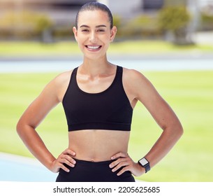 Sports Track, Portrait And Fitness Woman, Athlete And Runner Ready For Competition Training, Exercise And Cardio Workout With Motivation. Happy, Smile And Healthy Strong Person Running Marathon Field