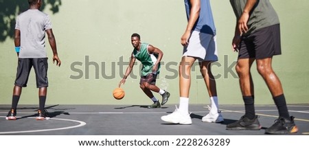 Sports, training and teamwork with man on basketball court for fitness, workout and exercise. Cardio, summer and friends with basketball player for energy, stamina and endurance in competition games