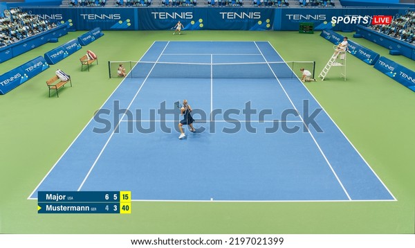 Sports TV Broadcast of Female Tennis Championship\
Match Full Set. Two Professional Women Athletes Compete, Hit Fault\
Shot. Network Channel Television With Audience. High Angle View\
Photo.